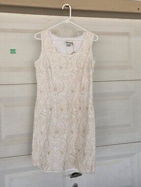 Nygard Collection White Dress with Beige Floral Pattern - Sleeveless Midi
